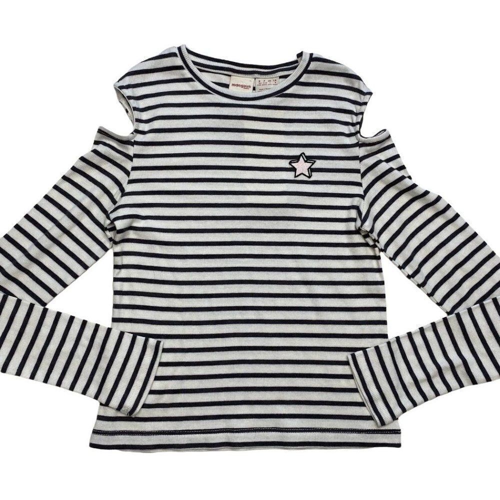 Girls Manguun Top Gray White Stripe‎ Ribbed Knit Cold Shoulder Sz Large NEW
